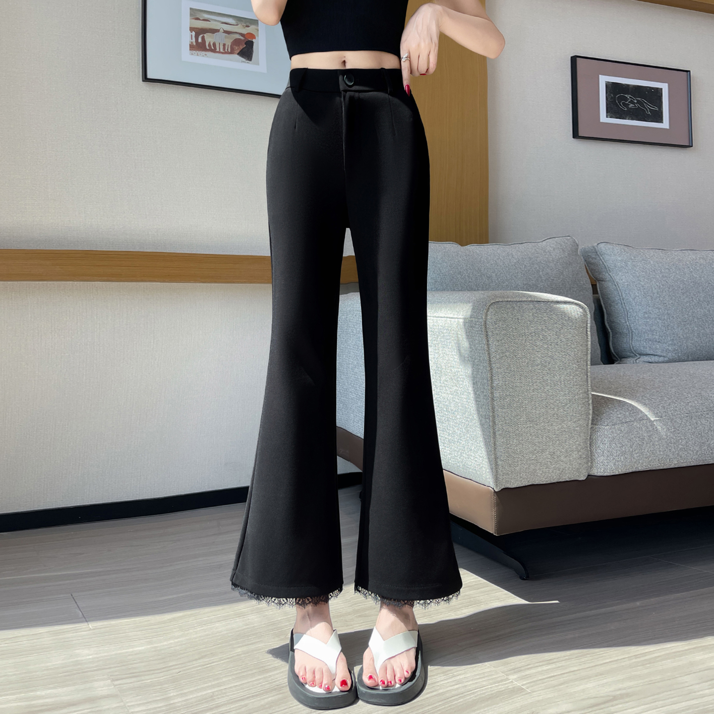 實拍 黑色蕾絲拼接西裝微喇褲女2026夏季高腰顯瘦休閑九分喇叭褲