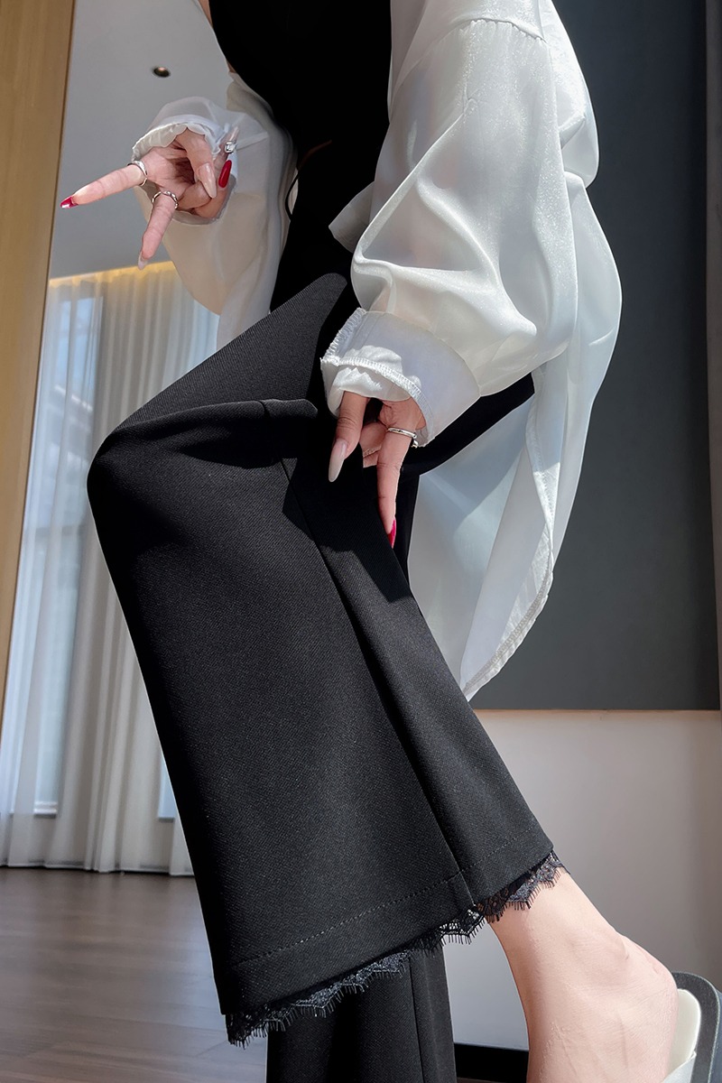實拍 黑色蕾絲拼接西裝微喇褲女2026夏季高腰顯瘦休閑九分喇叭褲