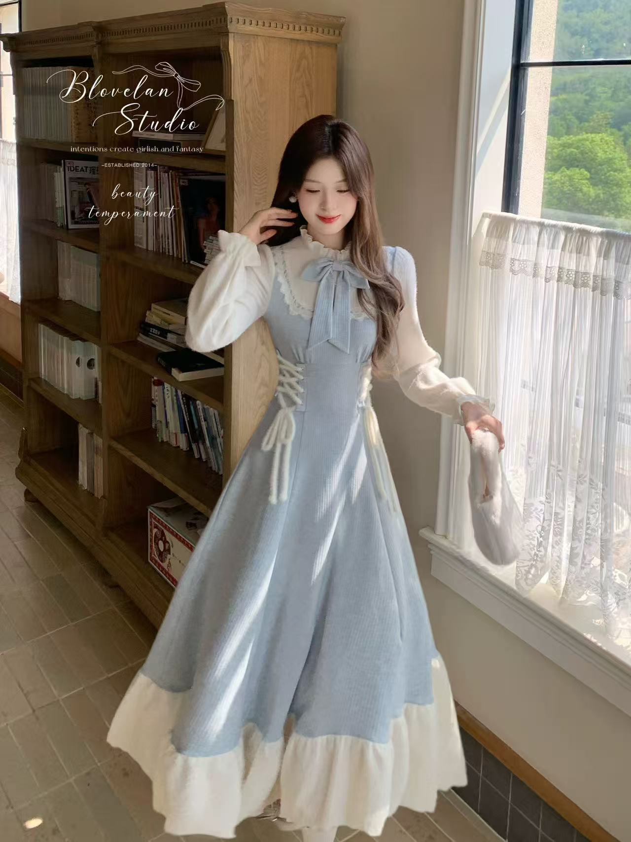 MY14263# Blovelan晴空之绊  法式气质温柔水貂绒绑带收腰连...