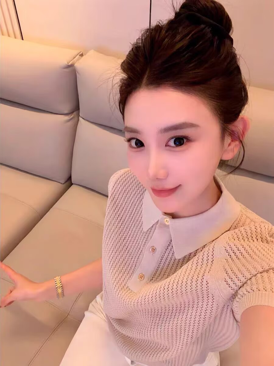 大圓圓提花polo天絲亞麻設計感顯瘦短袖針織上衣