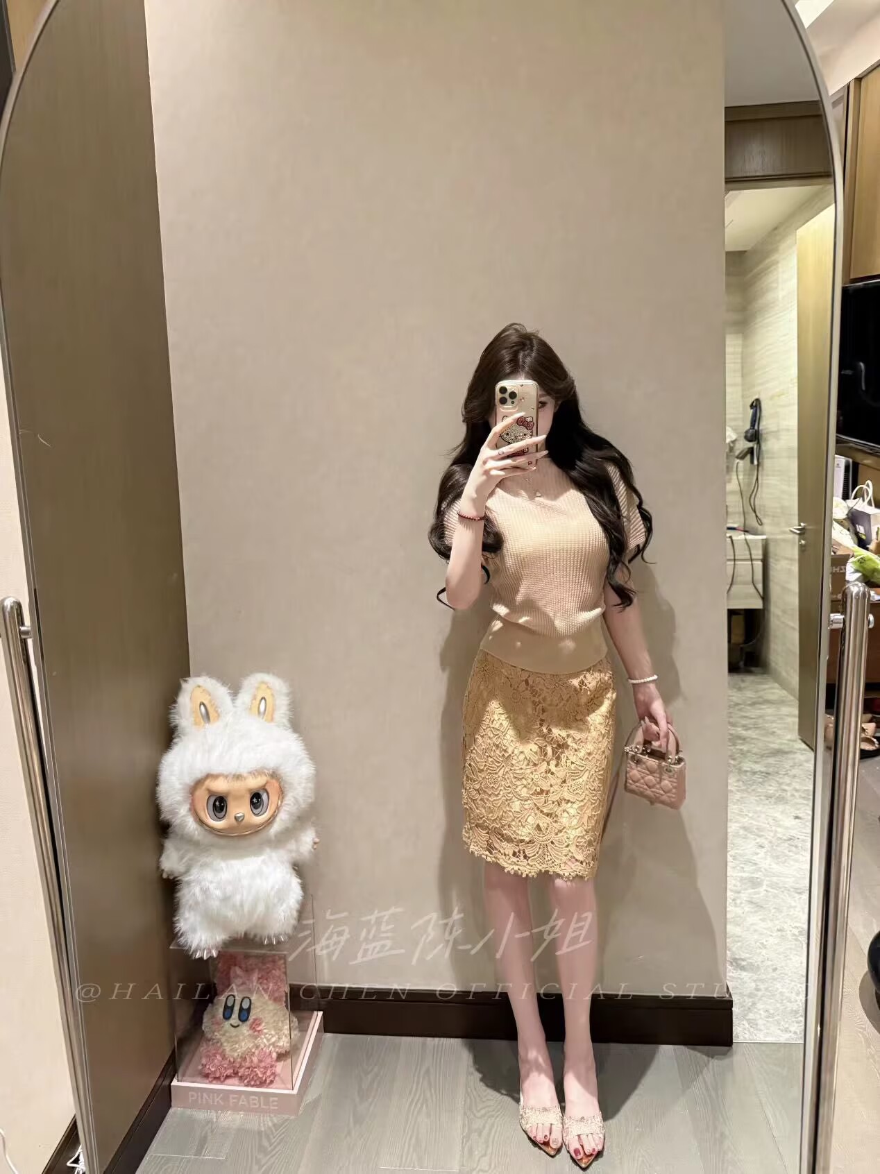 韓系溫柔風圓領短袖針織上衣蕾絲包臀半身裙套裝超好看姐姐系穿搭