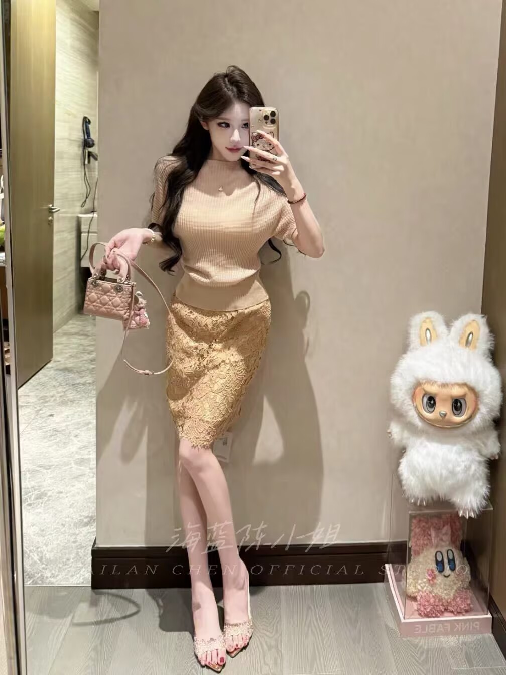 韓系溫柔風圓領短袖針織上衣蕾絲包臀半身裙套裝超好看姐姐系穿搭