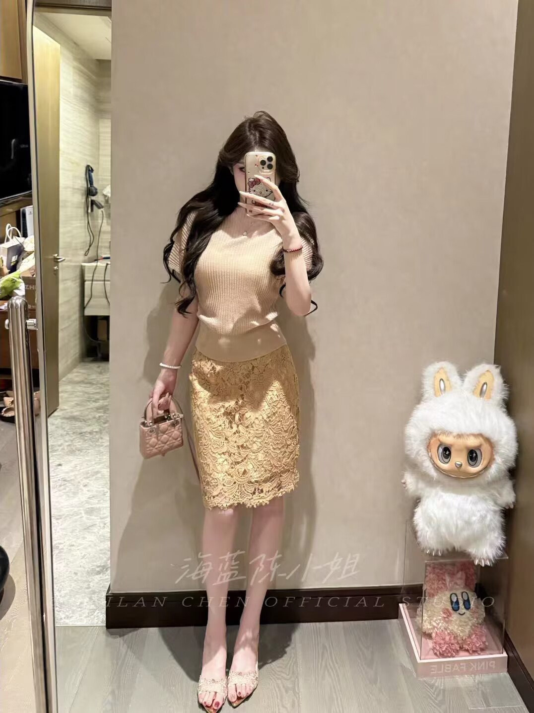 韓系溫柔風圓領短袖針織上衣蕾絲包臀半身裙套裝超好看姐姐系穿搭