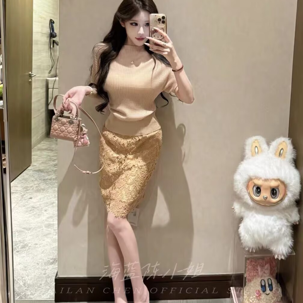 韓系溫柔風圓領短袖針織上衣蕾絲包臀半身裙套裝超好看姐姐系穿搭