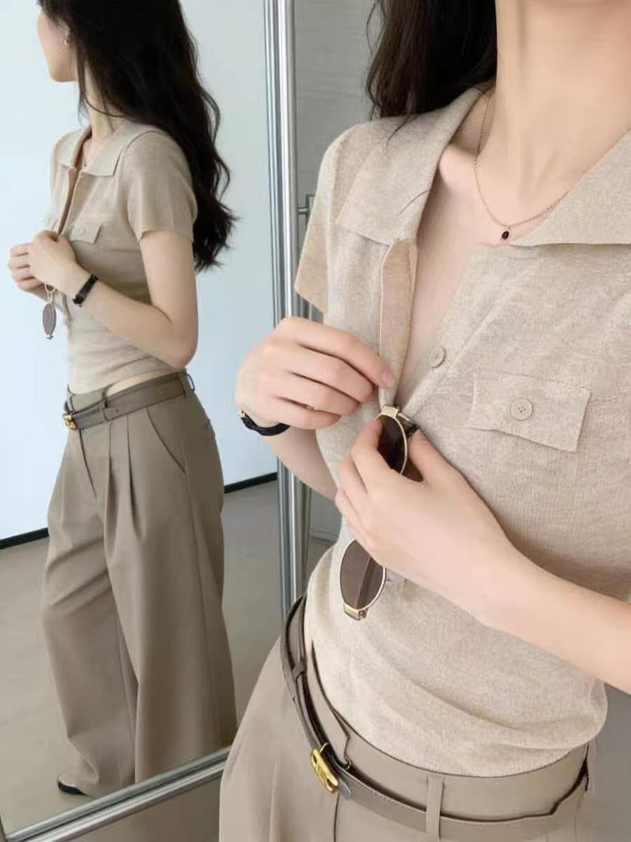 老錢風polo領正肩短袖T恤女夏季高級感修身短款針織衫翻領上衣薄