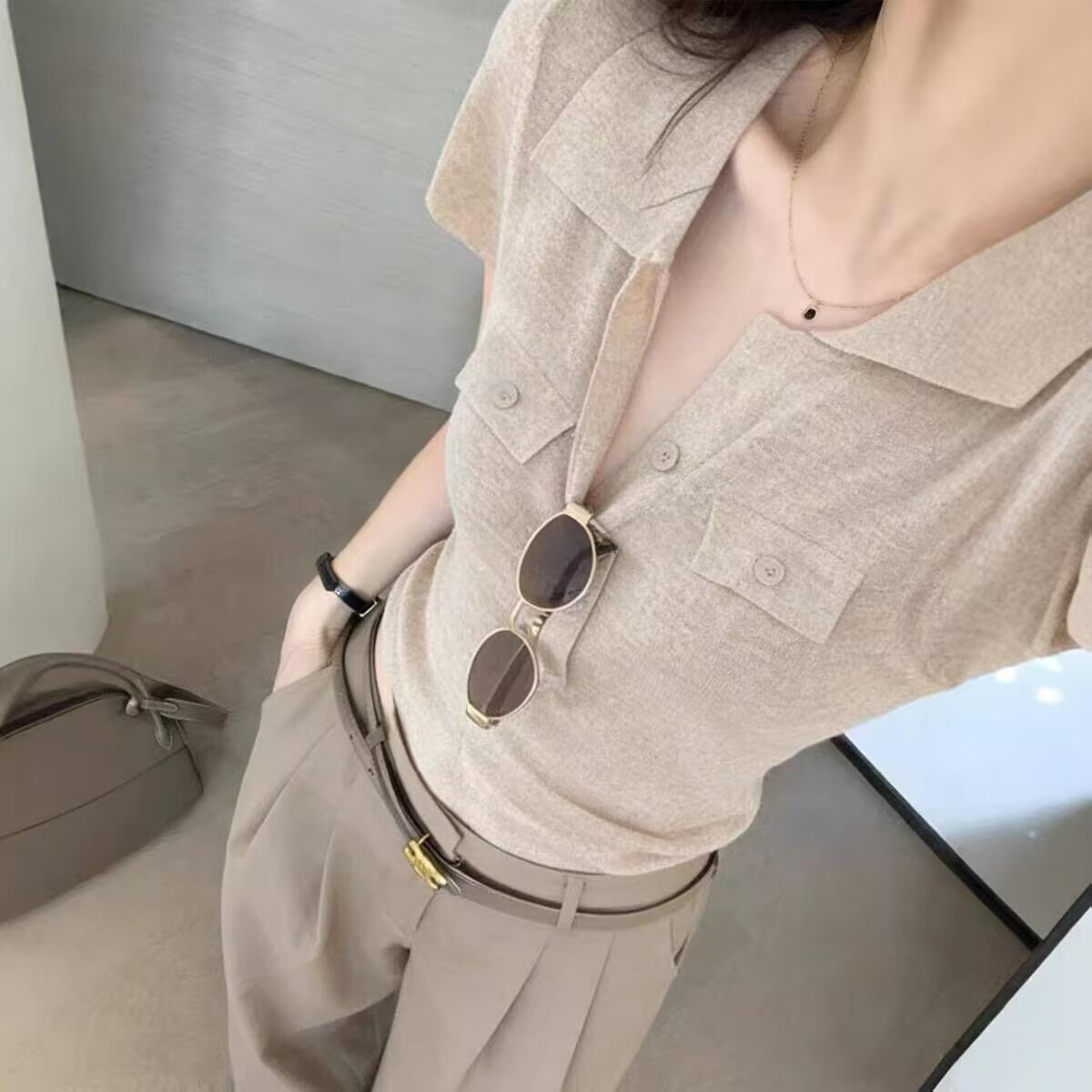 老錢風polo領正肩短袖T恤女夏季高級感修身短款針織衫翻領上衣薄