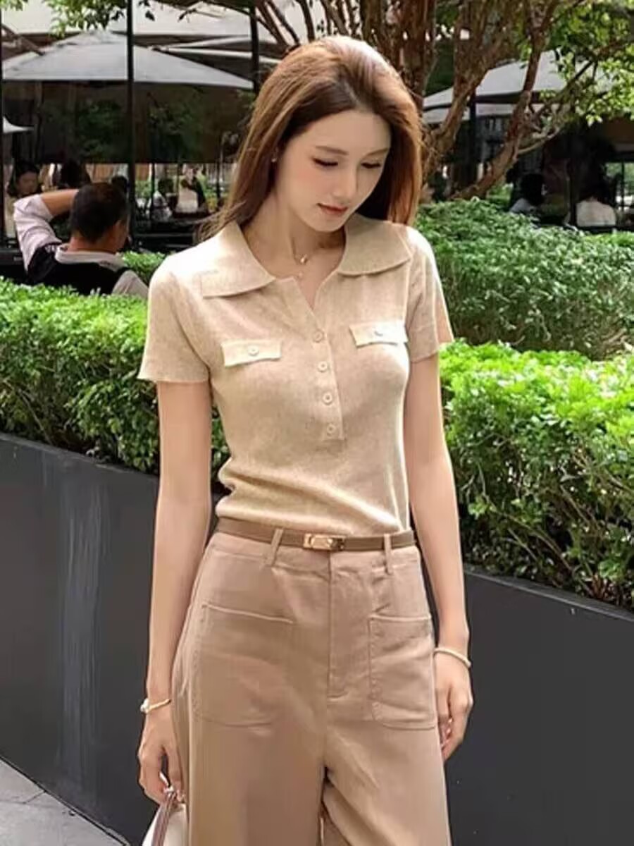 淡人高知polo領針織短袖t恤女夏季老錢風穿搭正肩氣質修身上衣薄