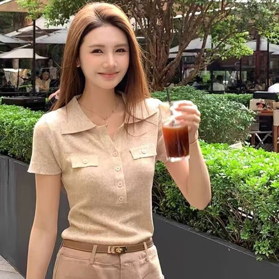 淡人高知polo領針織短袖t恤女夏季老錢風穿搭正肩氣質修身上衣薄