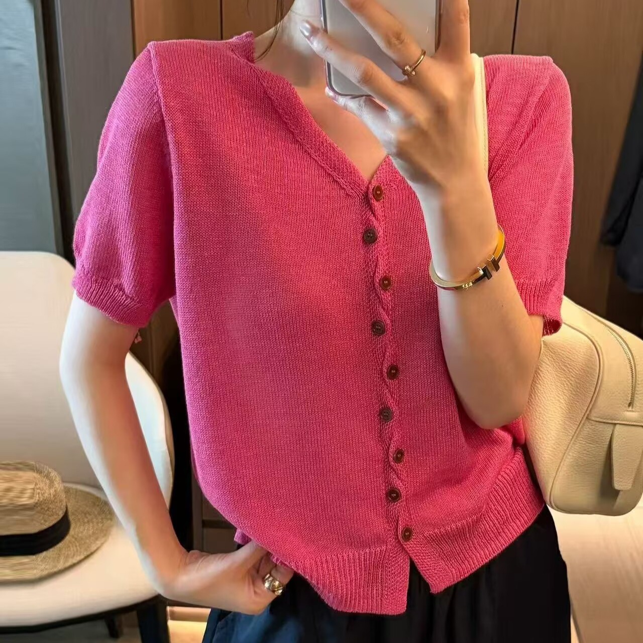 金小金自制女裝 針織衫DYW10913夏日顯瘦V領短袖上衣