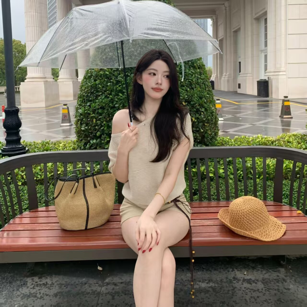 韓系針織斜肩短袖T恤女款夏季氣質休閑寬松慵懶風設計感純欲上衣