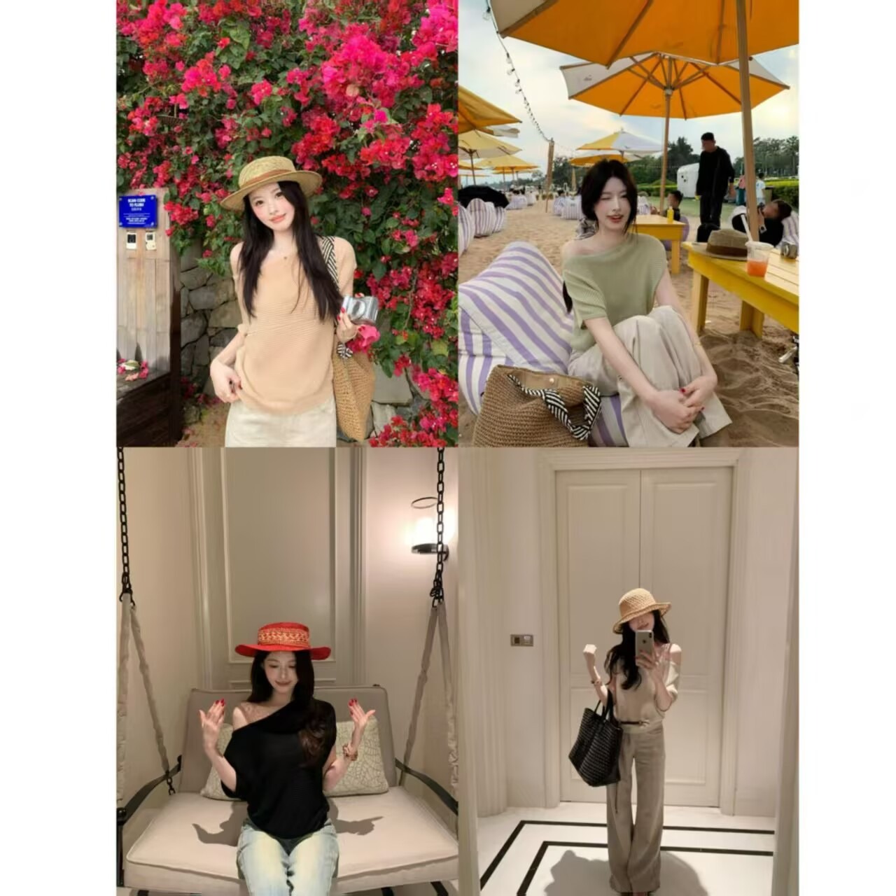 韓系針織斜肩短袖T恤女款夏季氣質休閑寬松慵懶風設計感純欲上衣