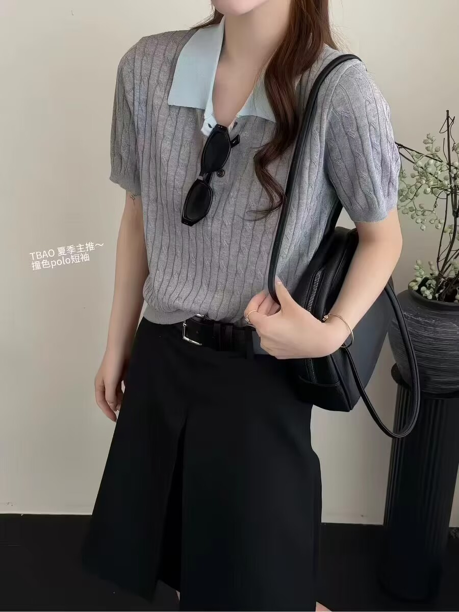 正品韓系撞色POLO領短袖針織衫女26春夏新款氣質高級感小上衣