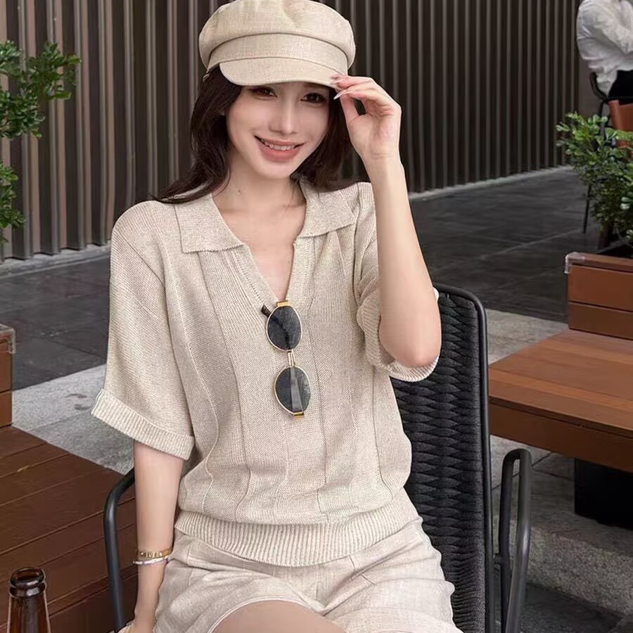 氣質百搭短袖v領針織短袖t恤女2026新款夏季女裝法式老錢風上衣
