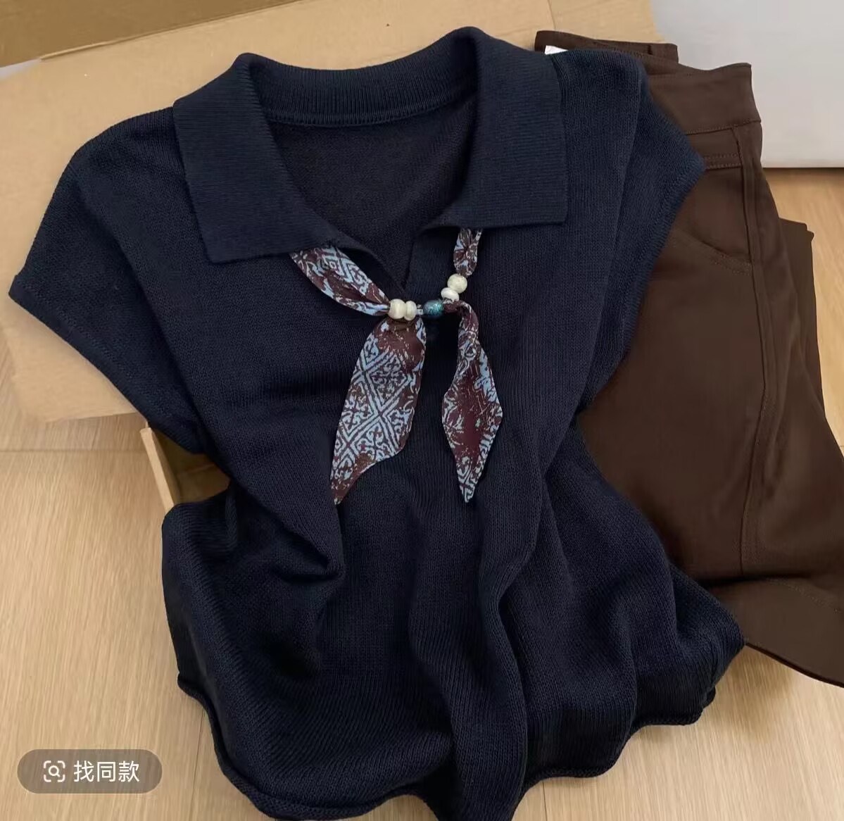 休閑簡約燕麥色polo領短袖針織衫女裝夏季寬松時尚洋氣高級感上衣