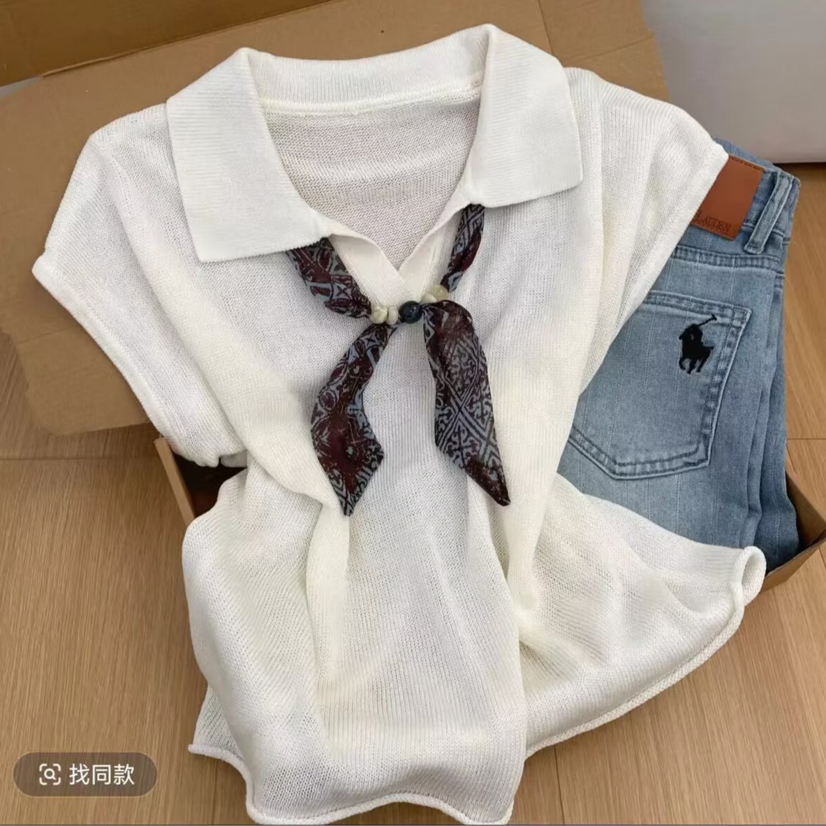 休閑簡約燕麥色polo領短袖針織衫女裝夏季寬松時尚洋氣高級感上衣