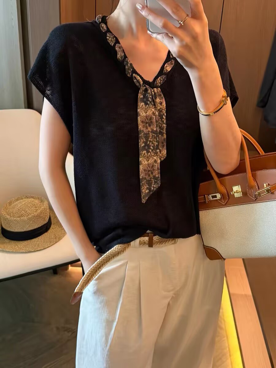 配絲巾飛飛袖冰絲針織衫女歐洲站2026夏裝新款歐貨女裝洋氣小衫潮