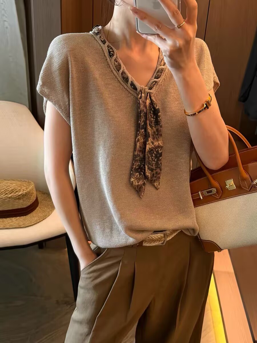 配絲巾飛飛袖冰絲針織衫女歐洲站2026夏裝新款歐貨女裝洋氣小衫潮