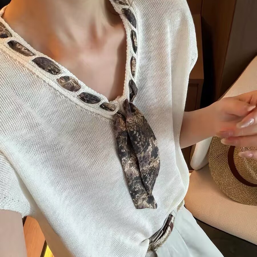 配絲巾飛飛袖冰絲針織衫女歐洲站2026夏裝新款歐貨女裝洋氣小衫潮