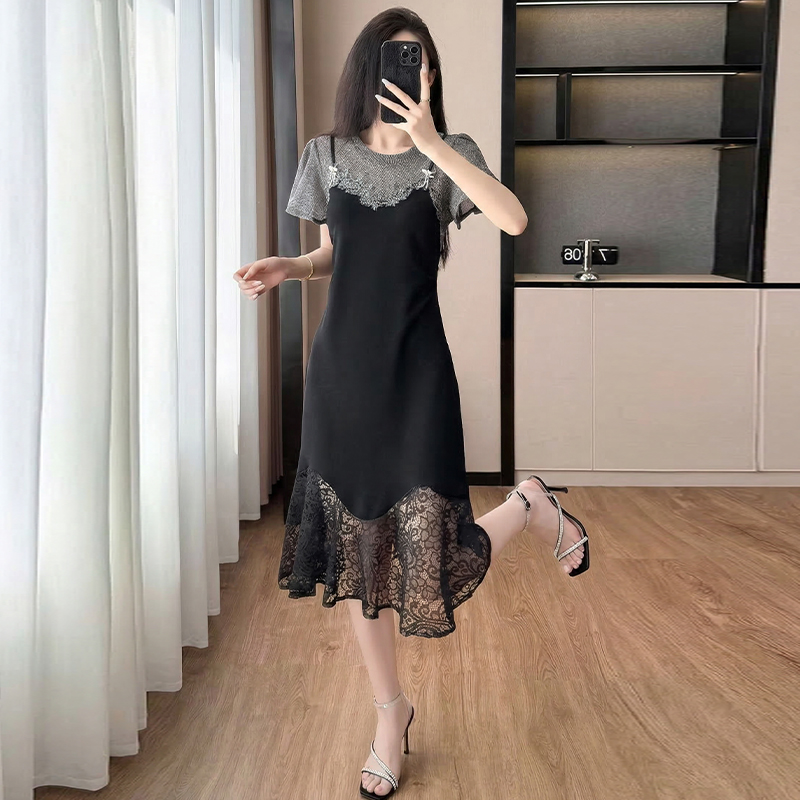 RY2797# 实拍复古宫廷高级感蕾丝拼接假两件吊带新款连衣裙女