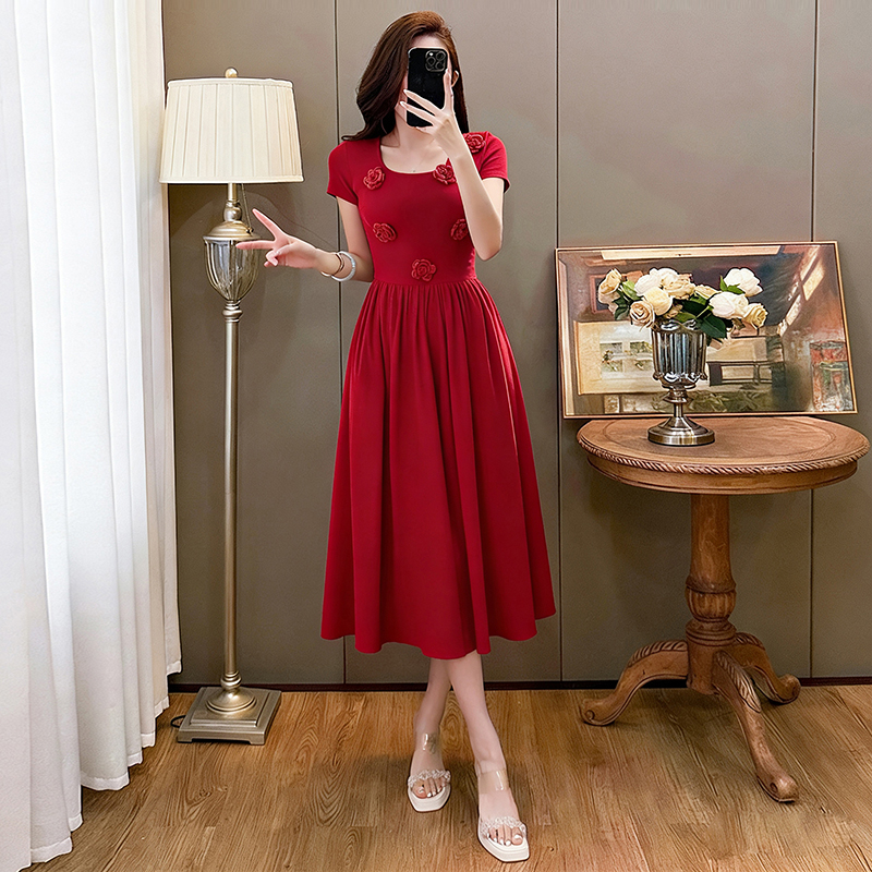 RY2801# 实拍玫瑰曲立体花朵U领收腰大摆长裙夏法式复古显瘦连衣裙