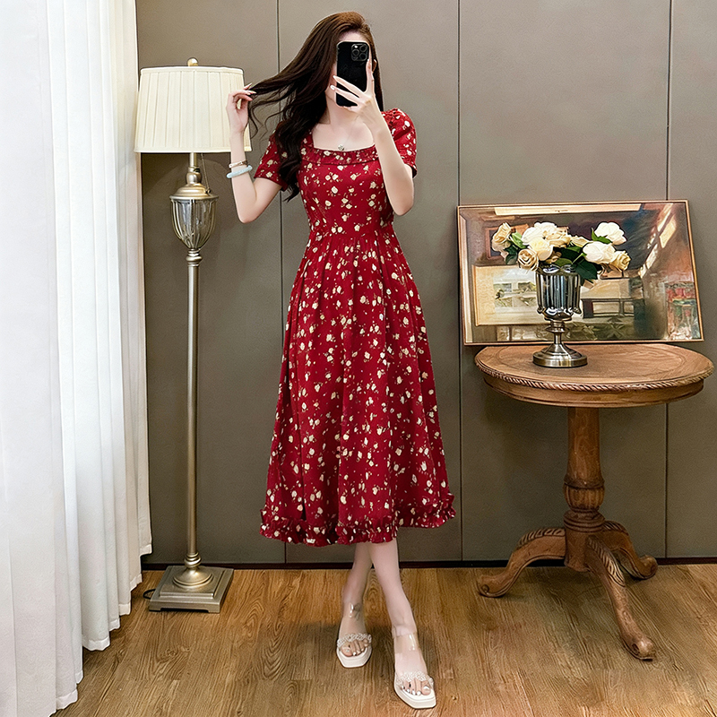 RY2800# 实拍李李家盛夏热恋法式度假风红色方领碎花连衣裙