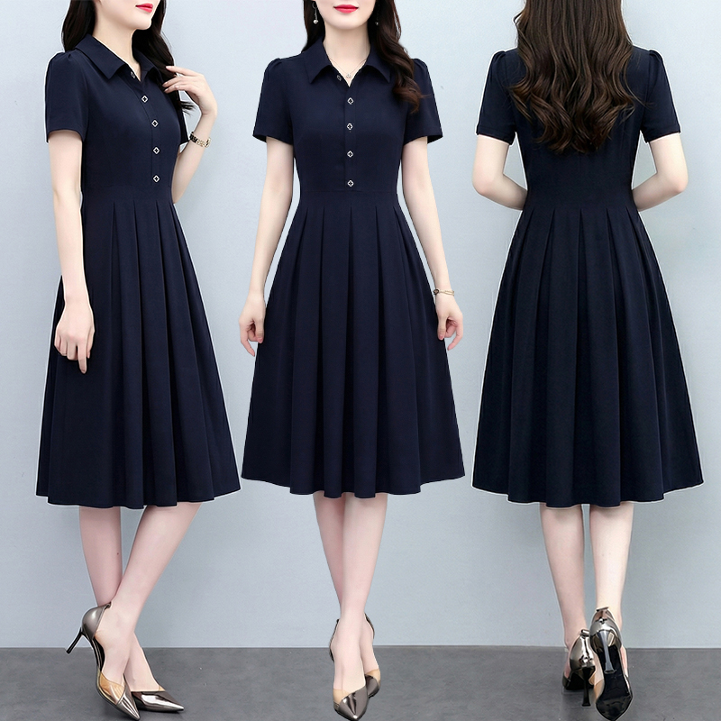 RY2798# 实拍夏季新款法式收腰显瘦气质短袖减龄小众连衣裙时尚修身翻领