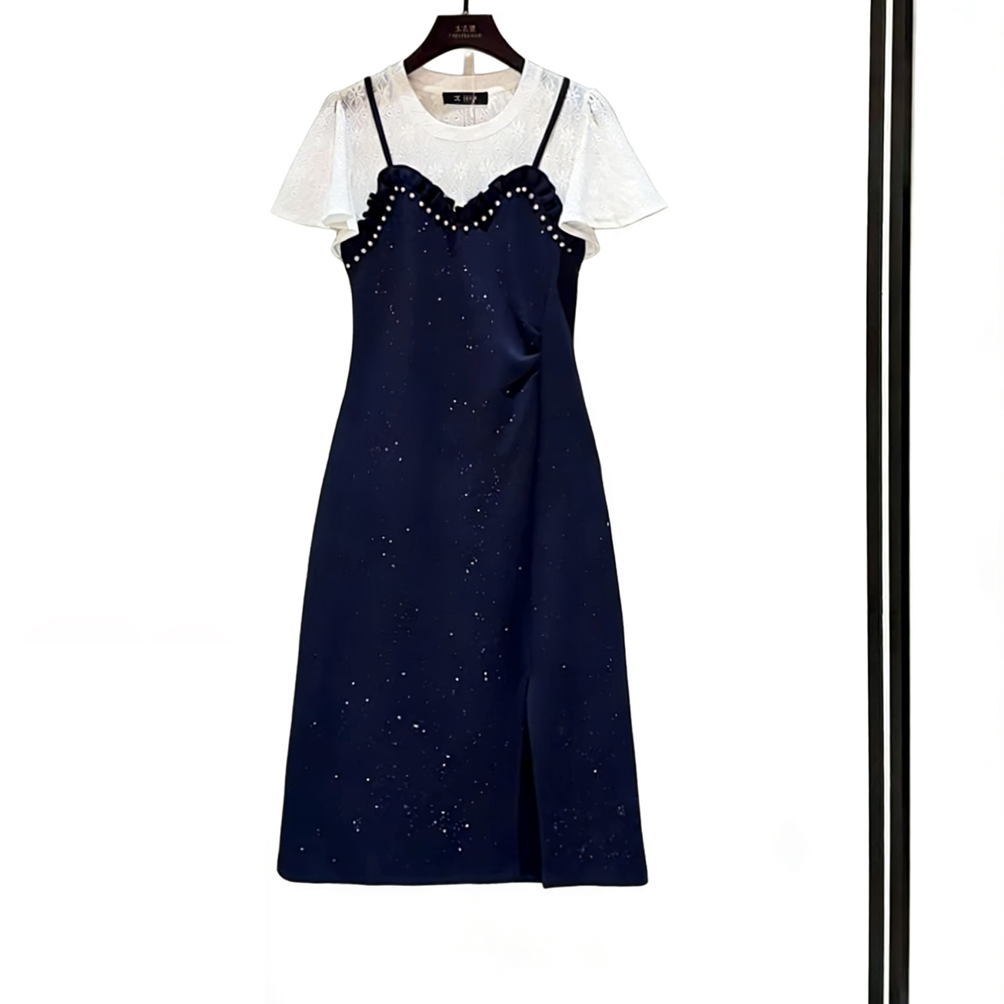 RY2799# 时尚高级设计师夏季新款气质女装拼接重工褶皱显瘦连衣裙