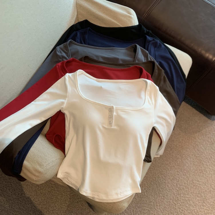 MY13757# 复古圆领纽扣针织打底T恤女裝貨源服裝批發
