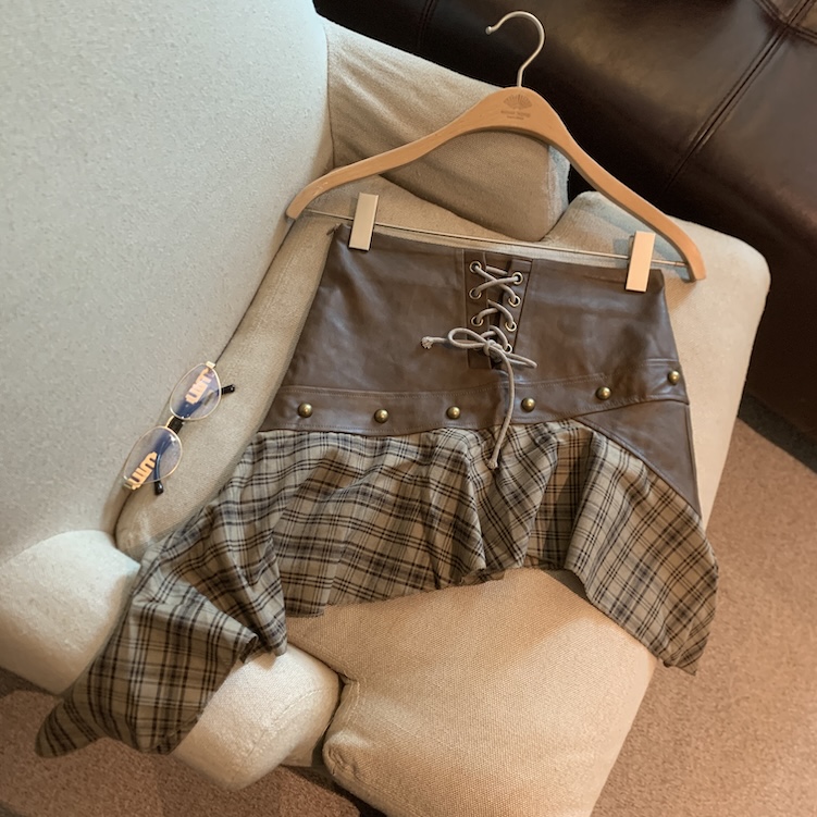 MY13752# 复古格子拼pu皮裙子女裝貨源服裝批發