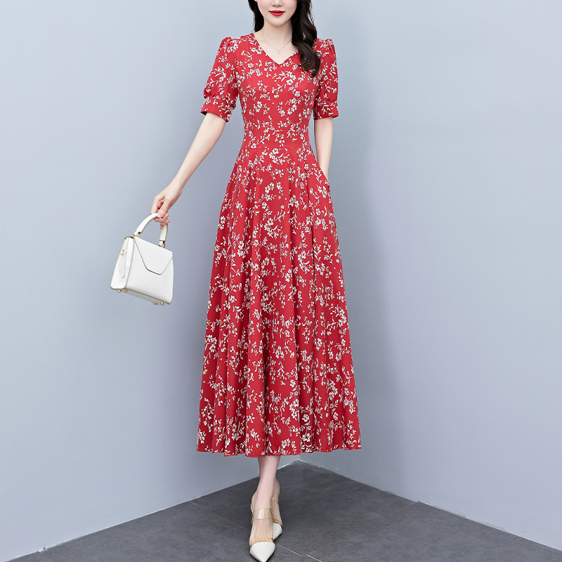 RY2794# 2026夏季新款高档印花雪纺连衣裙长款大码胖mm收腰显瘦遮...