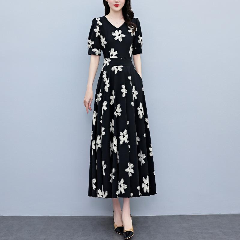 RY2793# 2026夏季新款高档印花雪纺连衣裙长款大码胖mm收腰显瘦遮...