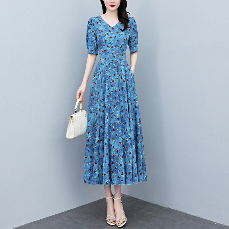 RY2792# 2026夏季新款印花连衣裙女夏长款款缎面大码胖mm收腰显瘦...