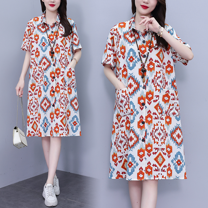 MY10418# 时尚翻领印花雪纺连衣裙女夏季新款宽松裙子2025年欧洲站大码女装女裝貨源服裝批發