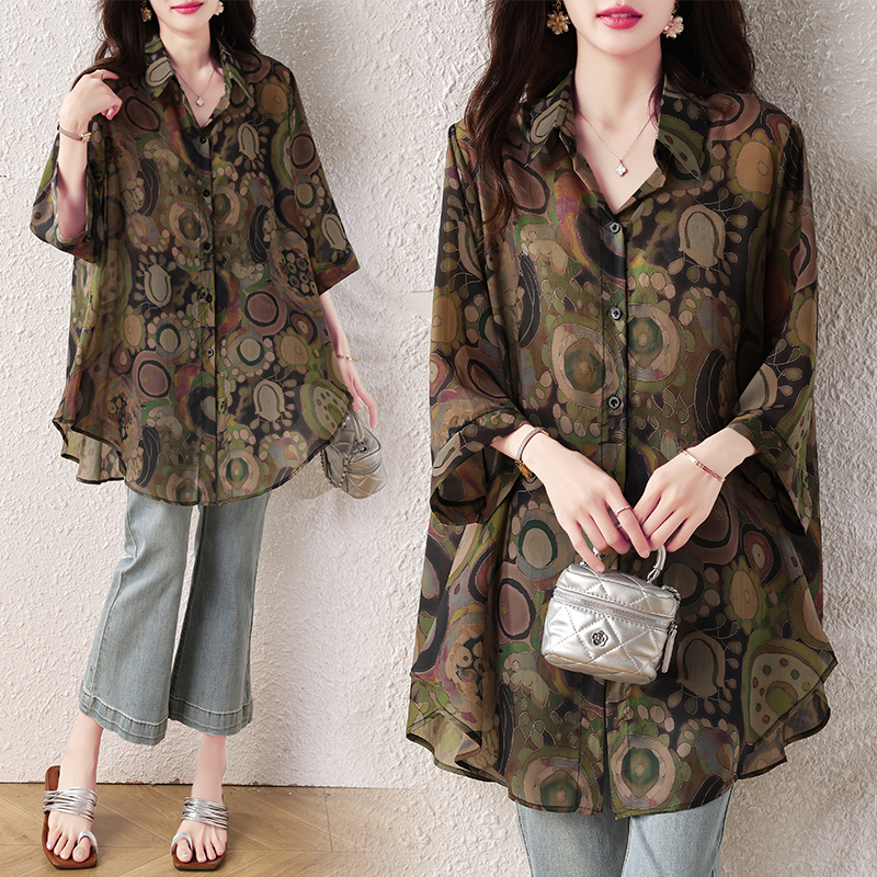 RY4102# 2026夏季新款大码雪纺衬衫女复古印花宽松遮肉显瘦中袖上衣