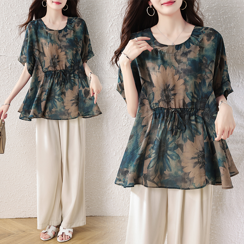 RY4095# 2026夏季新款大码收腰印花上衣女胖mm遮肉显瘦中袖雪纺衫