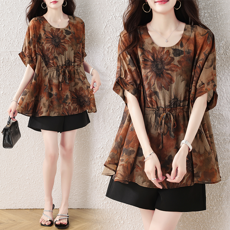 RY4096# 2026夏季新款大码收腰印花上衣女胖mm遮肉显瘦中袖雪纺衫