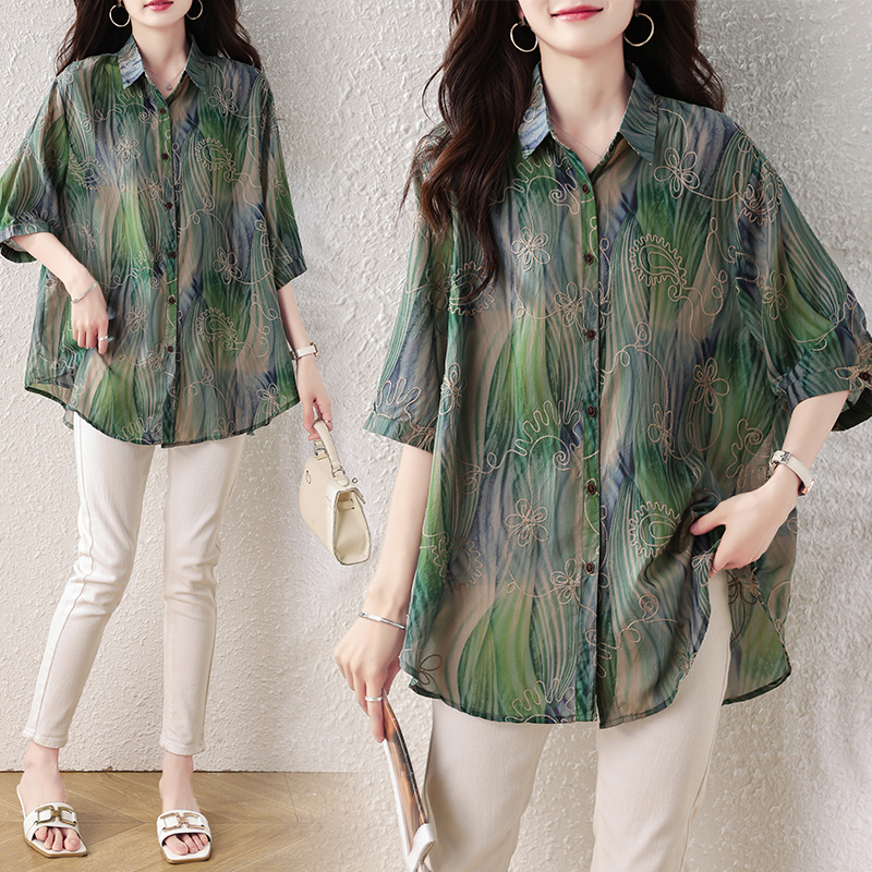 RY4097# 2026 夏季新款大码刺绣腰果花衬衫女胖 mm 遮肉显瘦中...