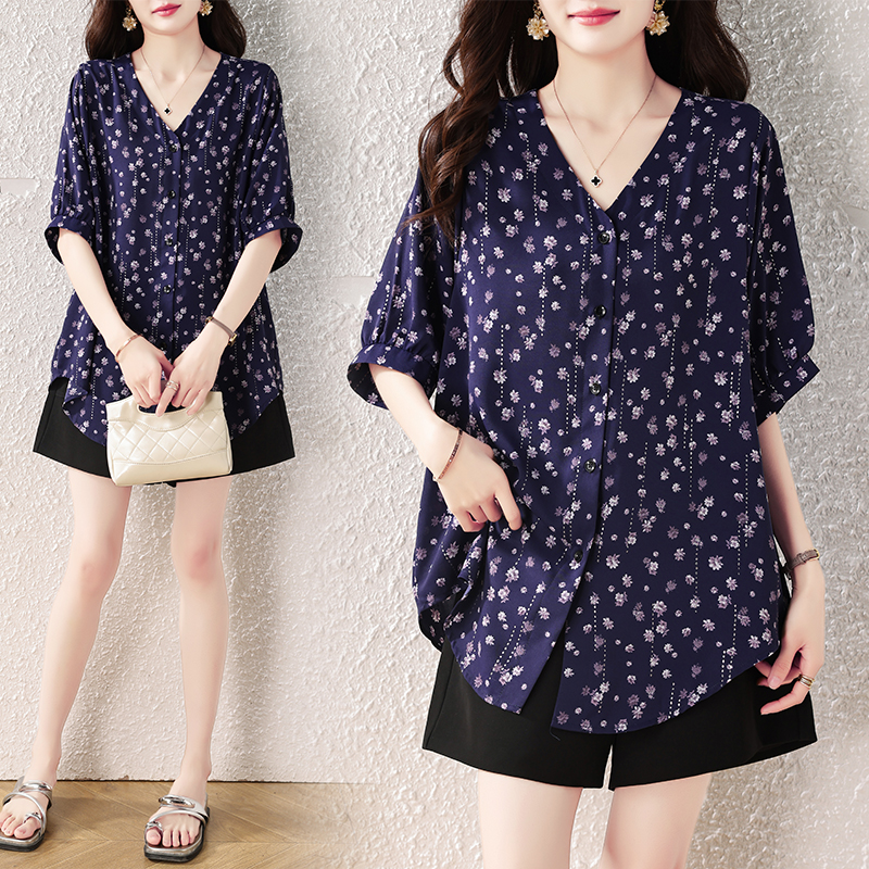 RY4094# 2026 夏季新款大码碎花衬衫女胖 mm 遮肉显瘦 V 领...