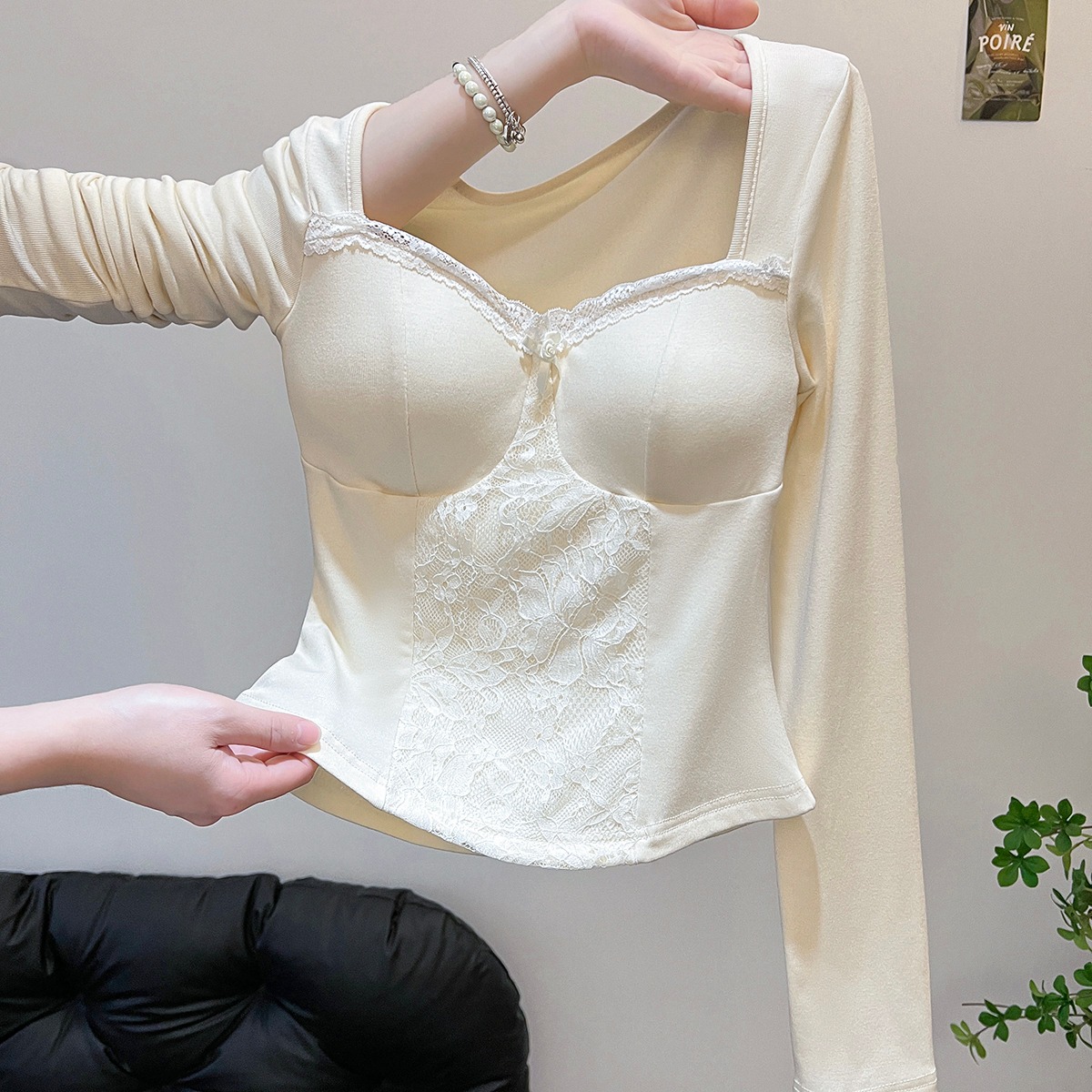 MY15322# 新款时尚蕾丝拼接网纱打底衫女长袖方领带胸垫气质温柔风上衣女裝貨源服裝批發