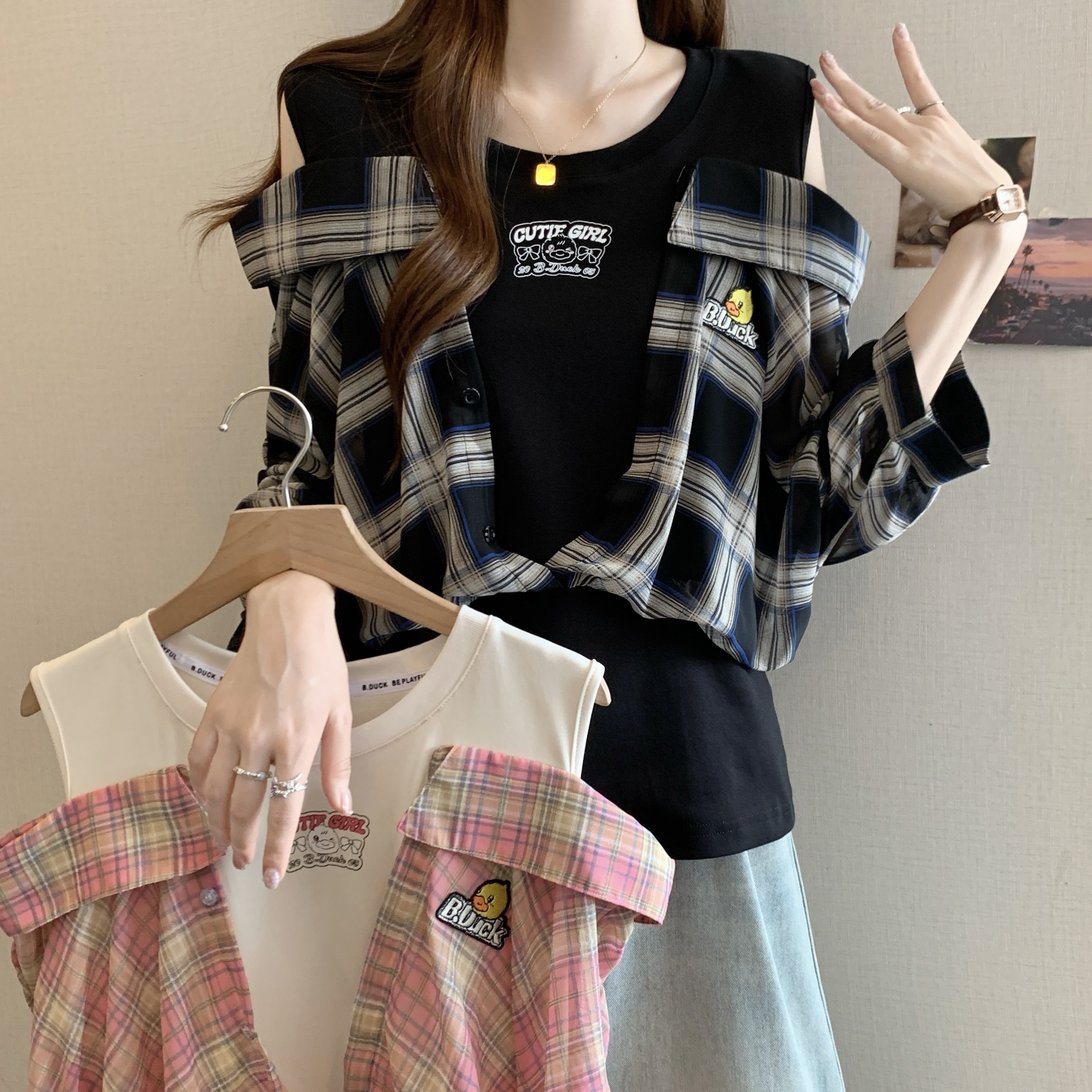 MY7386# 胖MM露肩衬衫女假两件 新款格子宽松短袖T恤显瘦上衣女裝貨源服裝批發