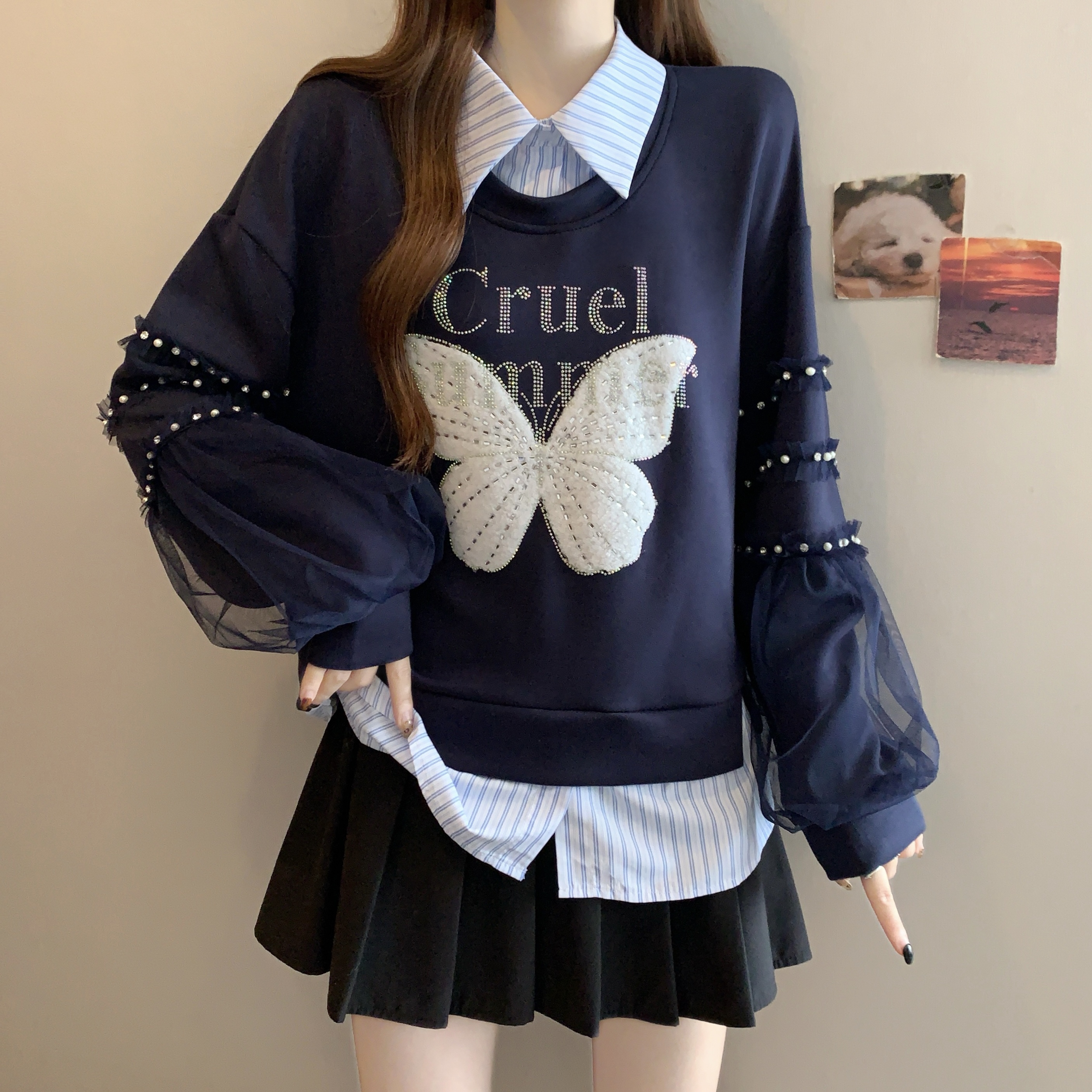 MY14667# 大码时尚蝴蝶假两件卫衣新款重工撞色条纹减龄打底上衣女裝貨...