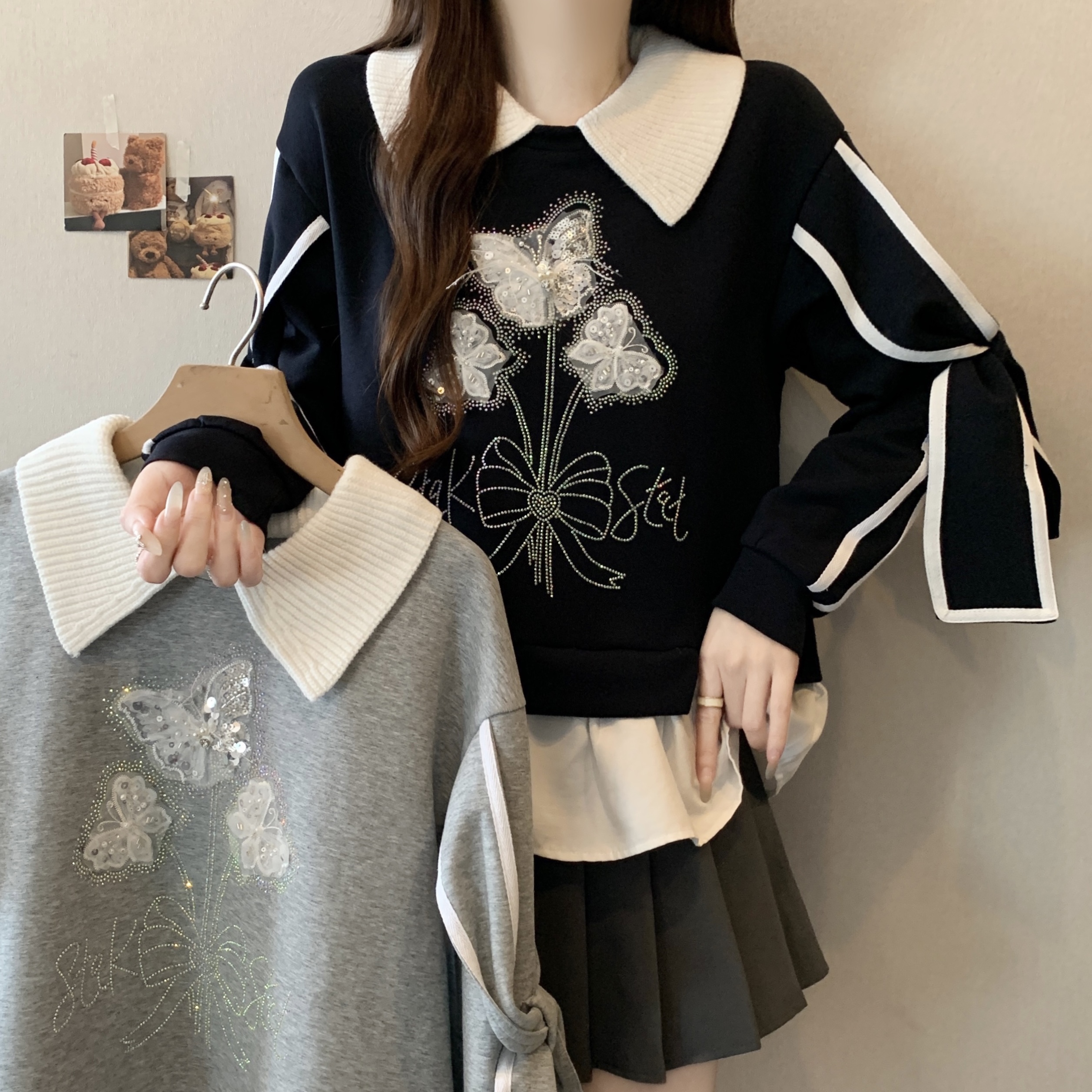 MY14666# 大码重工蝴蝶烫钻假两件卫衣加厚保暖拼接翻领长袖上衣女裝貨...