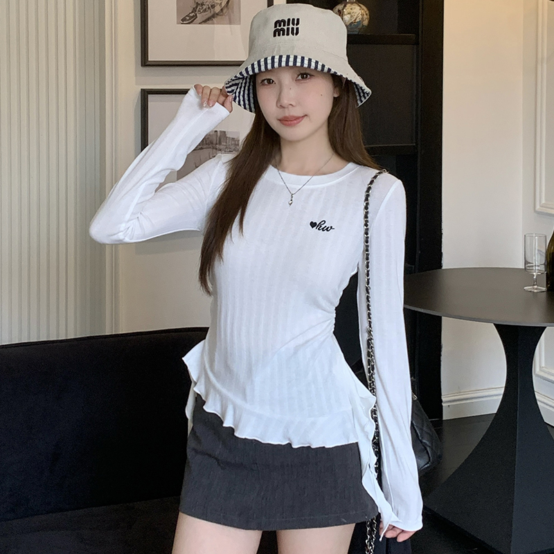 MY13277# 大码女装韩系不规则长袖t恤气质设计感刺绣内搭上衣女裝貨源...