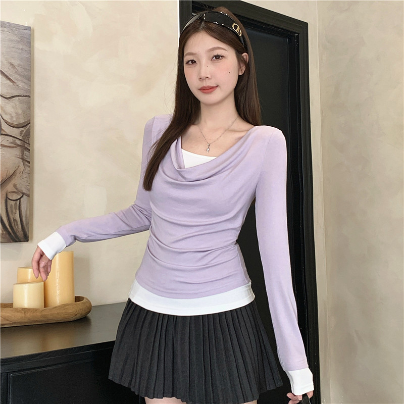 MY14025# 大码简约风气质假两件荡领拼接小衫t恤打底衫内搭上衣女裝貨源服裝批發