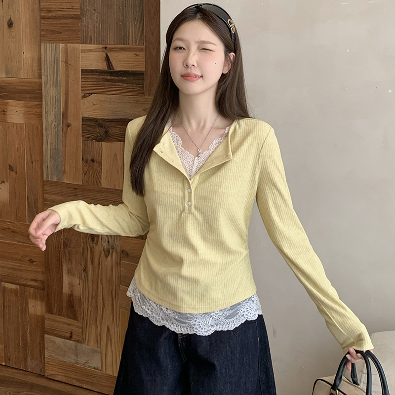 MY14024# 胖淑女蕾丝花边拼接假两件T恤上衣针织衫洋气打底衫女裝貨源服裝批發