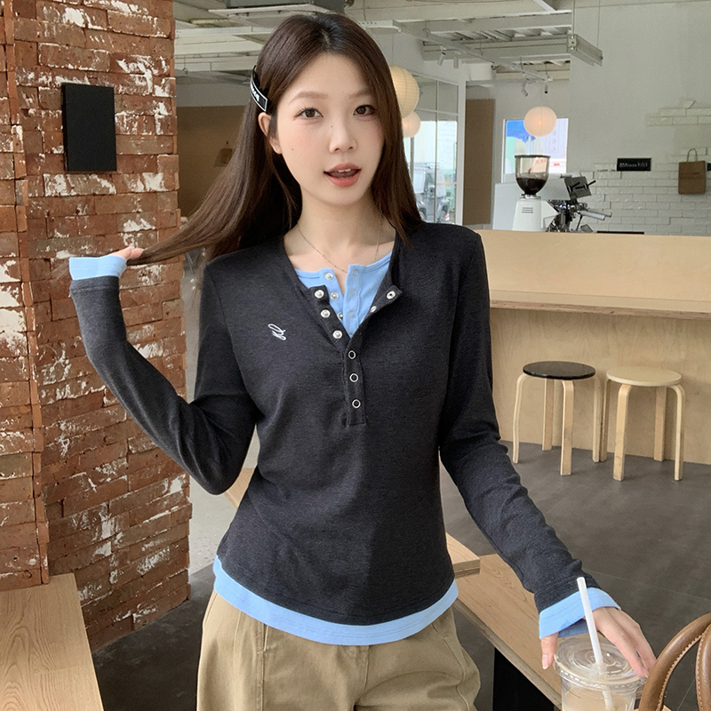 MY14018# 大码胖mm设计感亨利领假两件上衣chic内搭撞色打底衫t恤女裝貨源服裝批發