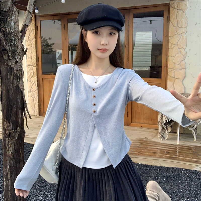 MY14020# 大码气质温柔假两件撞色拼接T恤绝美内搭打底衫别致上衣女裝貨源服裝批發