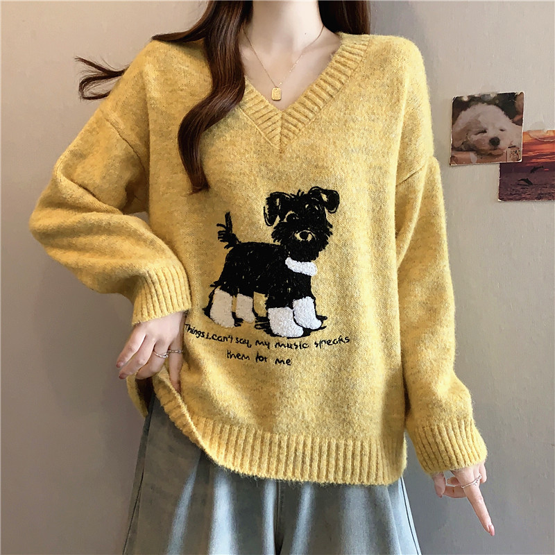 MY15737# 大码慵懒松驰感软糯毛衣别致童趣提花狗狗上衣毛针织衫女裝貨...