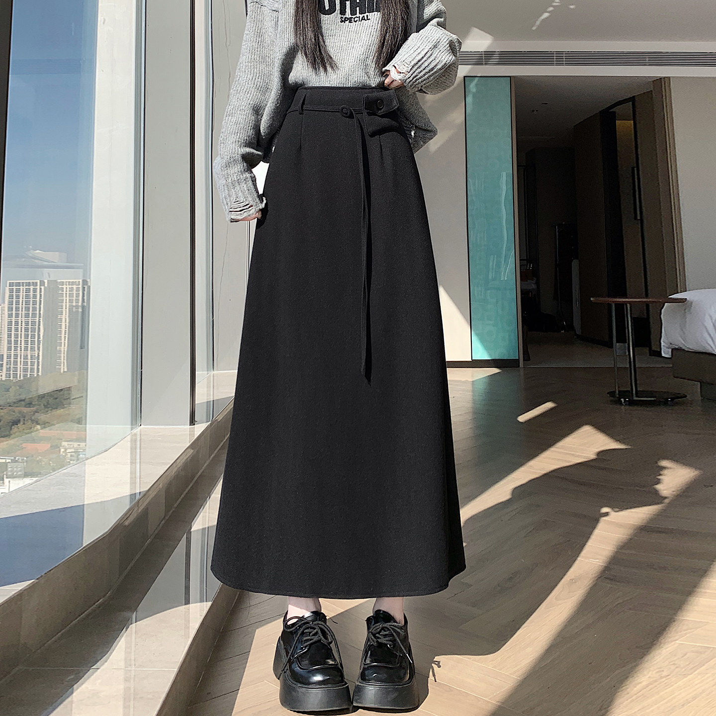 實拍中長款半身裙女春秋冬高腰毛呢大擺裙不規則拼接長裙遮肉傘裙