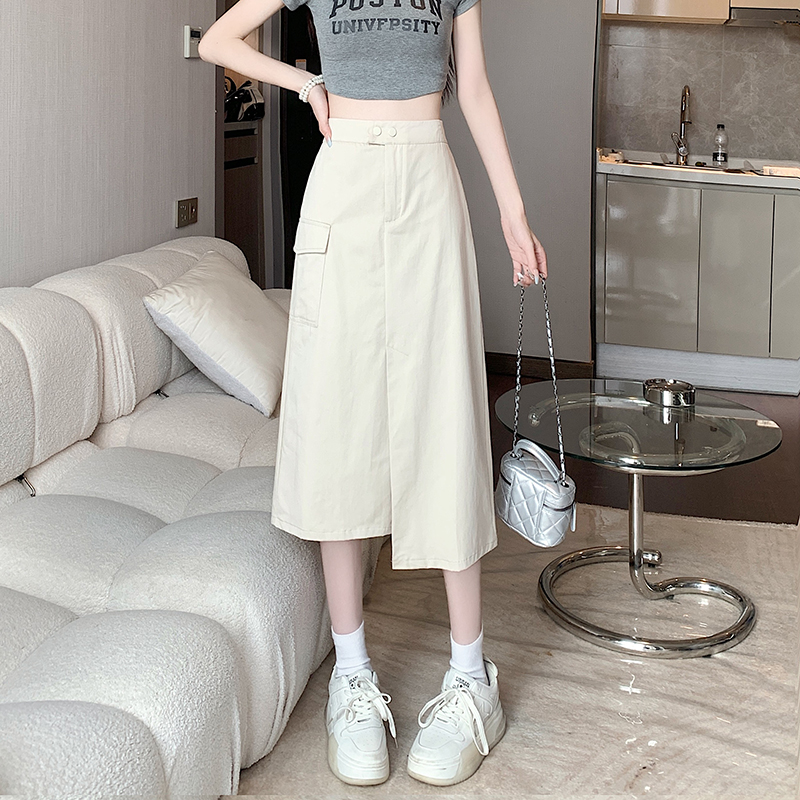 RY97# 实拍不规则复古中长款半身裙女高腰显瘦设计感工装裙开叉直筒裙子